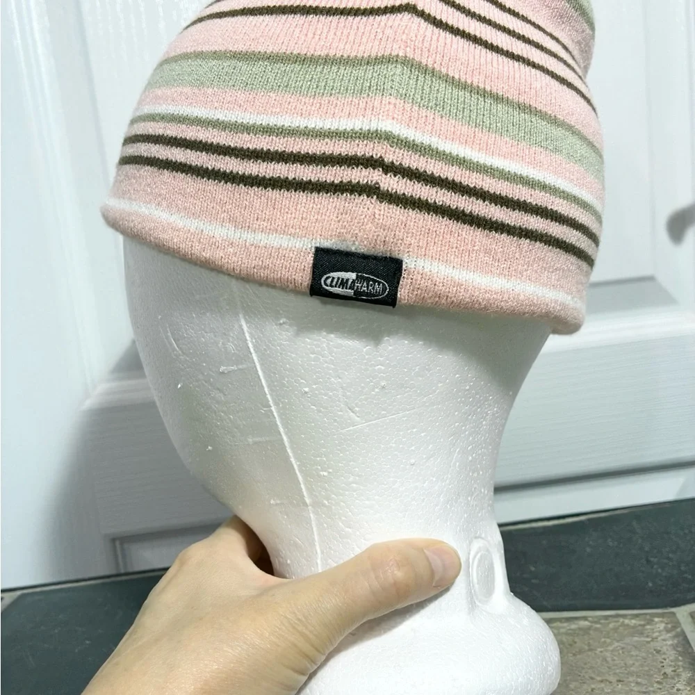 Y2K Adidas Reversible ClimaWarm Beanie Pink Brown White Stripes